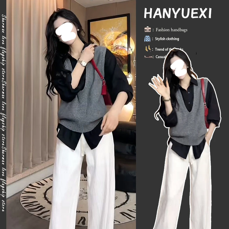 早春时尚穿搭一整套女2025新款百搭衬衫无袖针织马甲直筒裤三件套