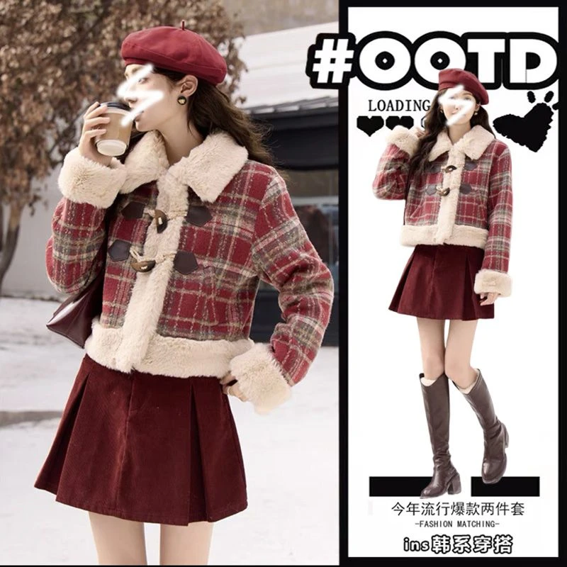 2025冬季新款过年圣诞小香风高级感格子翻领外套百搭半身裙两件套