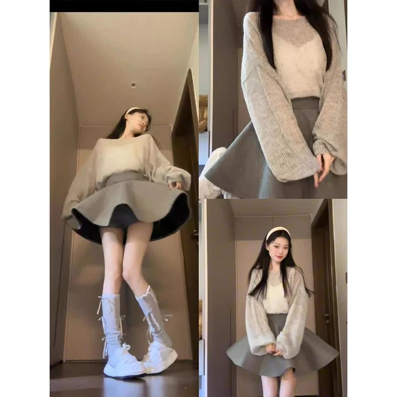 早秋气质穿搭一整套2025新款慵懒宽松针织罩衫时尚百搭半裙两件套