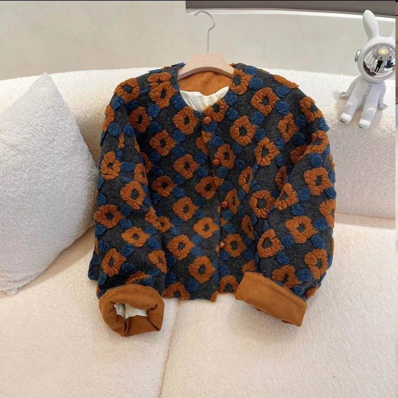 2024韩国东大门秋季新款韩系橘色立体花朵设计圆领保暖气质短外套