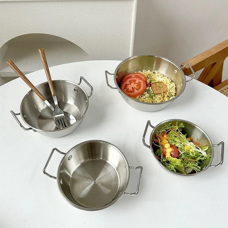 防烫泡面碗17cm双耳碗不锈钢沙拉碗家用料理碗米酒碗大号加厚