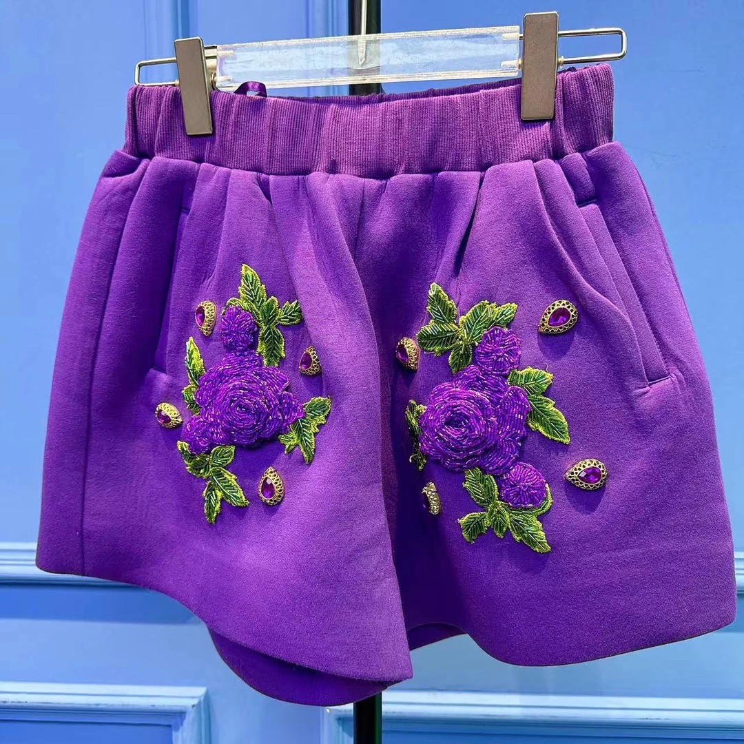 RR1157锐宝潮牌时尚休闲手工手绣花朵元气个性百搭紫色松紧腰短裤