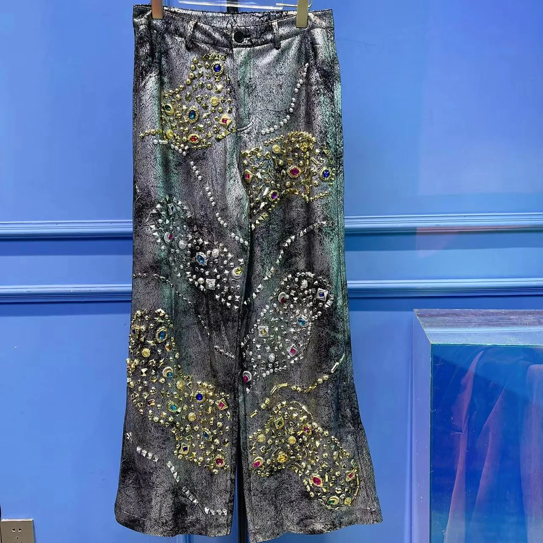 RR1406锐宝潮牌烫银银高定金钻酷帅潮牌设计师定制时尚重工裤子