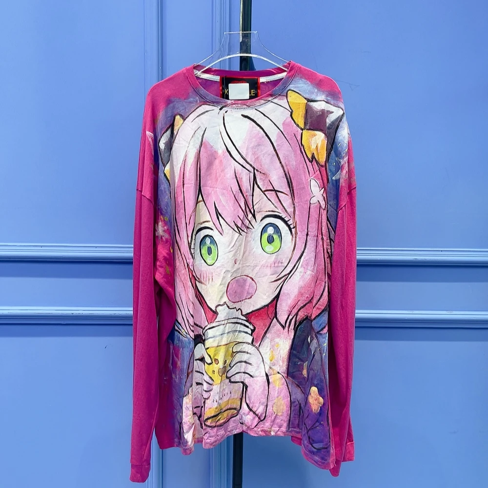 RR894锐宝潮牌粉色休闲个性动漫潮流时尚百搭宽松圆领手绘T恤