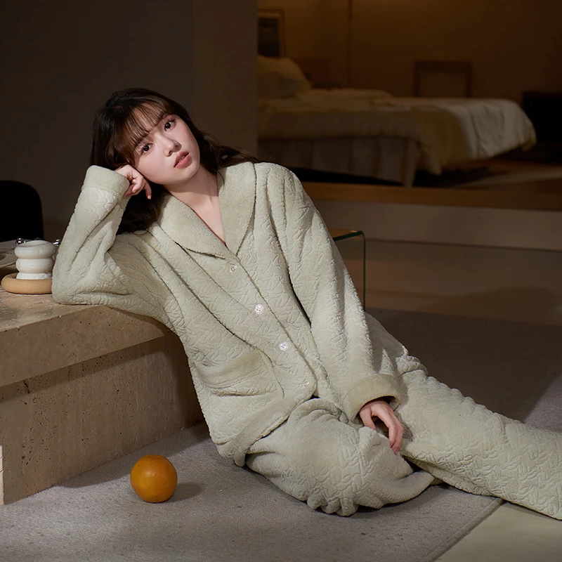 思莉太太睡衣女款秋冬2024新款毛茸茸加厚加绒气质温柔家居服套装