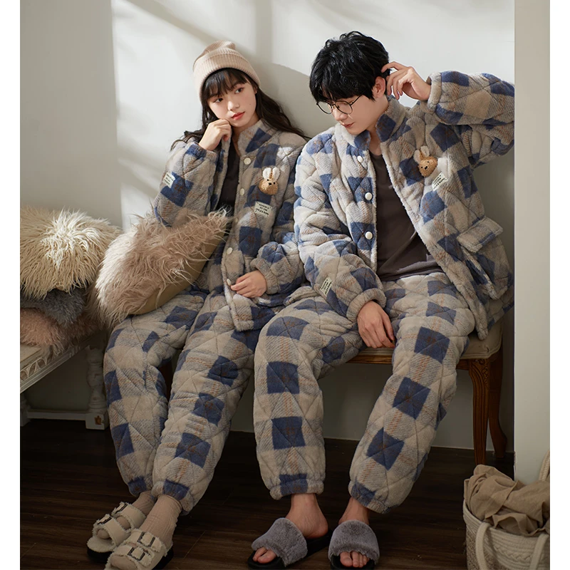 思莉太太情侣睡衣女冬格纹可外穿加厚加绒三层夹棉超厚男士家居服
