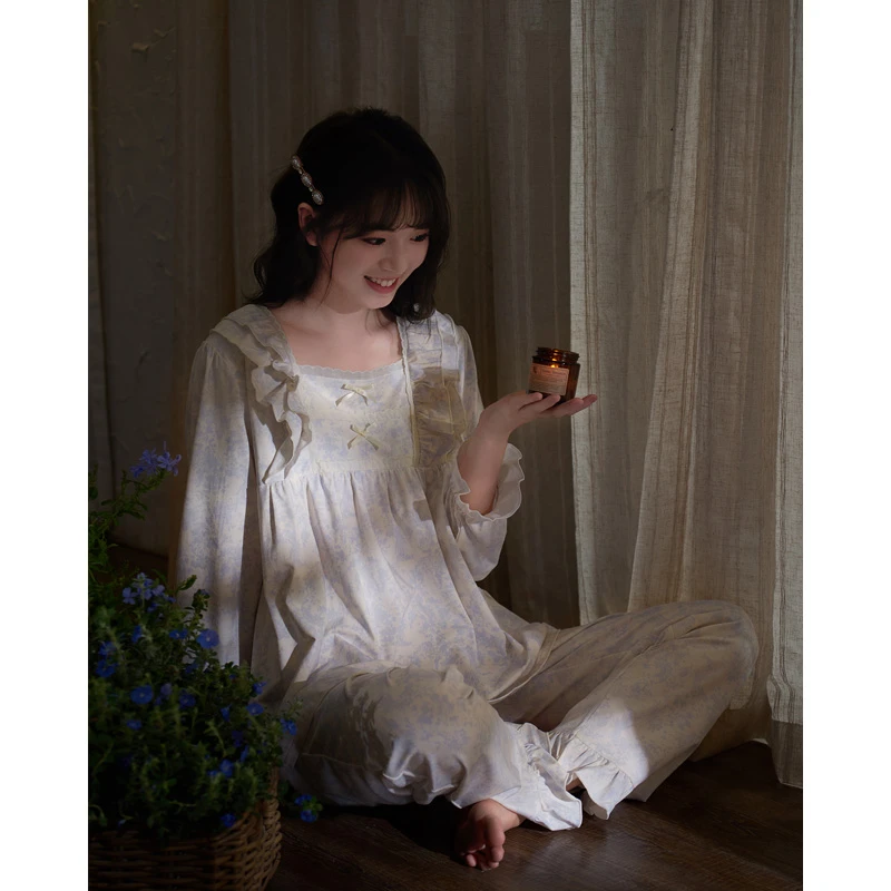 思莉太太睡衣女春秋季方领长袖法式可爱公主风莫代尔棉套头家居服