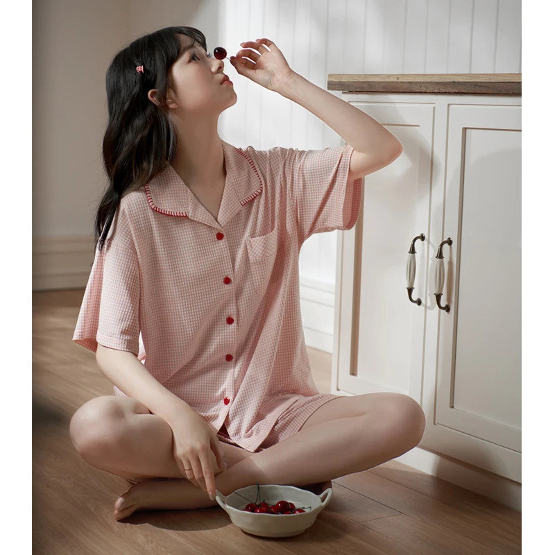 思莉太太睡衣女款爆款2024新款夏天短袖短裤格子可外穿大码家居服