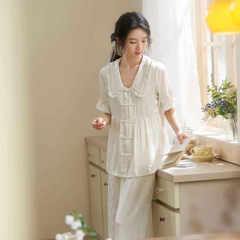 思莉太太睡衣女夏天冰丝短袖长裤高级感新中式国风夏季凉感家居服