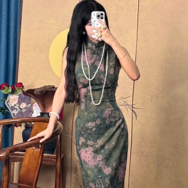 画报夫人原创自制高级新中式无袖港工旗袍连衣裙 港工木莲