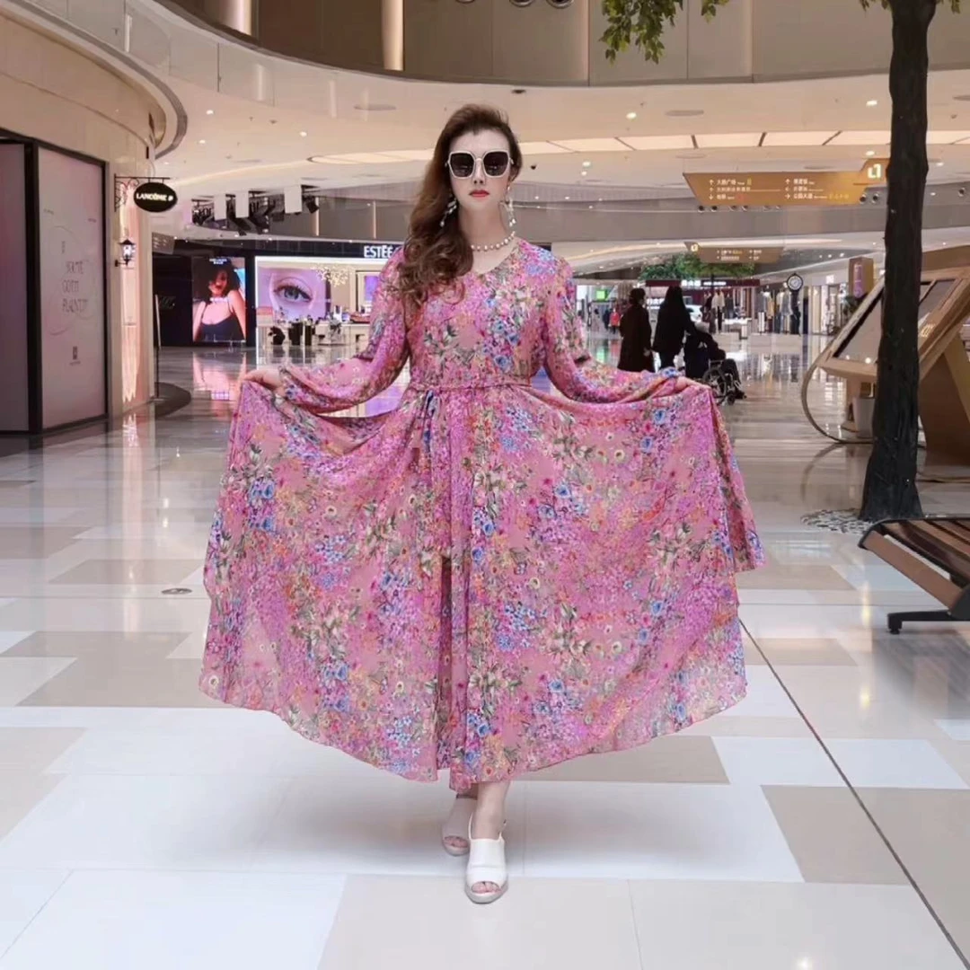 高品雪纺长袖 V领 绑腰带大摆连衣裙高端时尚洋气