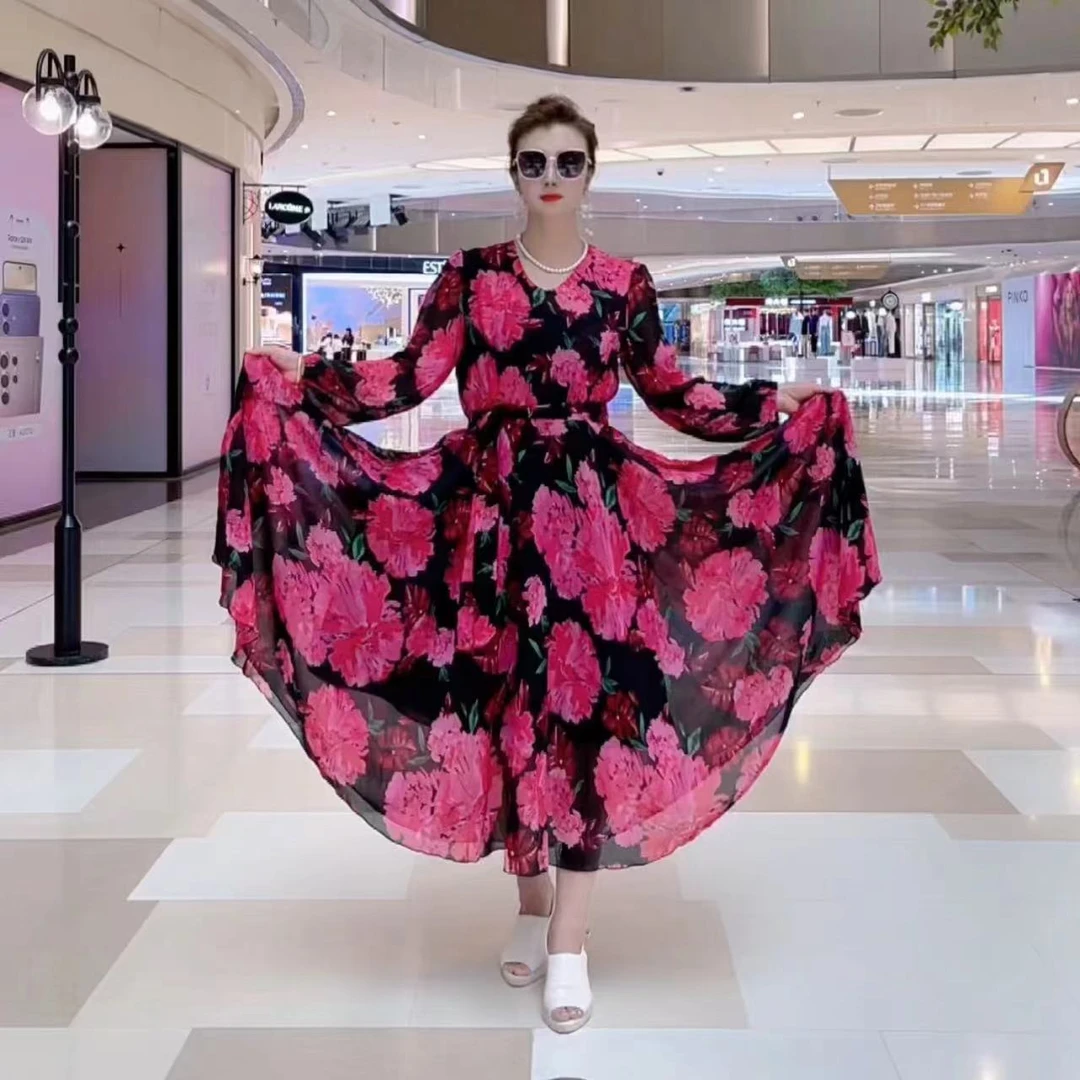 高品雪纺长袖 V领 绑腰带大摆连衣裙高端时尚洋气