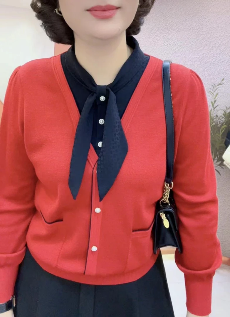 《林李上新》88526时尚气质百搭假两件飘带长袖针织衫羊毛衫