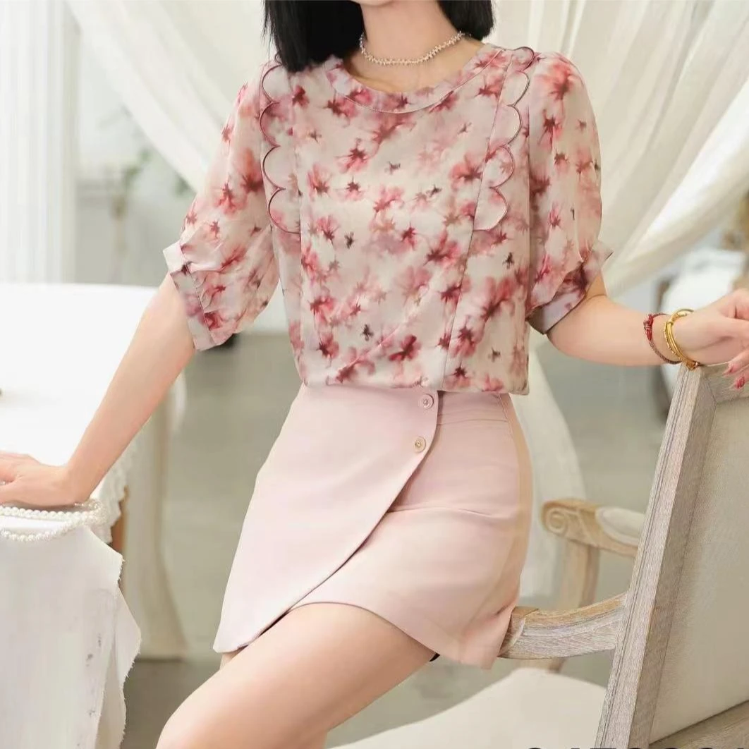 《林李上新》249981显瘦气质碎花上衣休闲时尚荷叶边短袖印花洋气