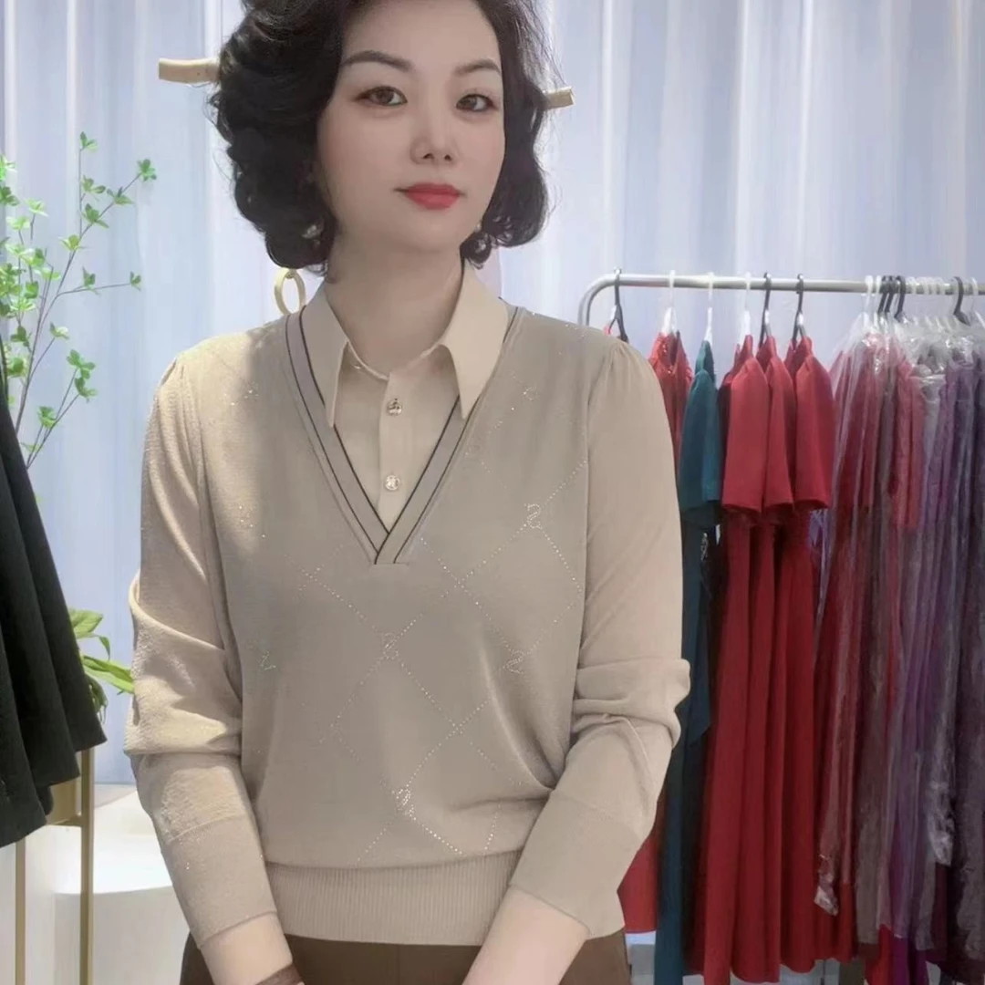 《林李上新》68886款露西丝翻领时尚撞色假两件名媛气质显瘦针织衫
