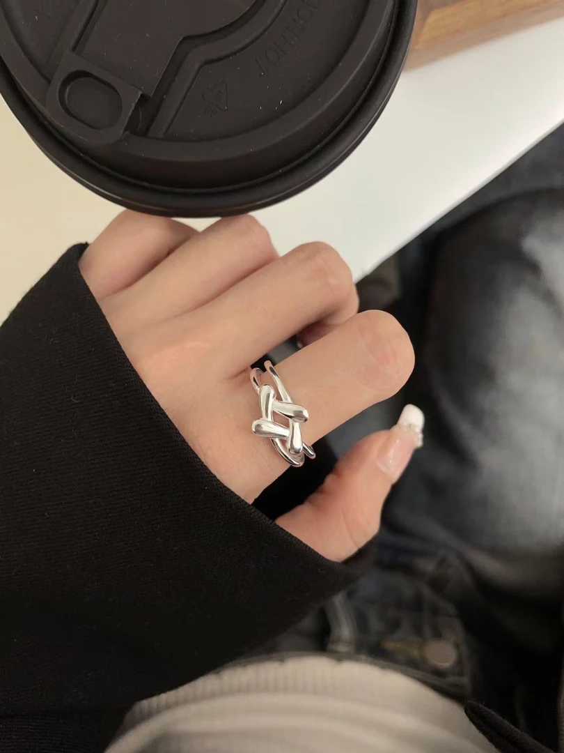 925银戒指 日韩简约冷淡ins风个性小众交叉双层银戒指16～22码