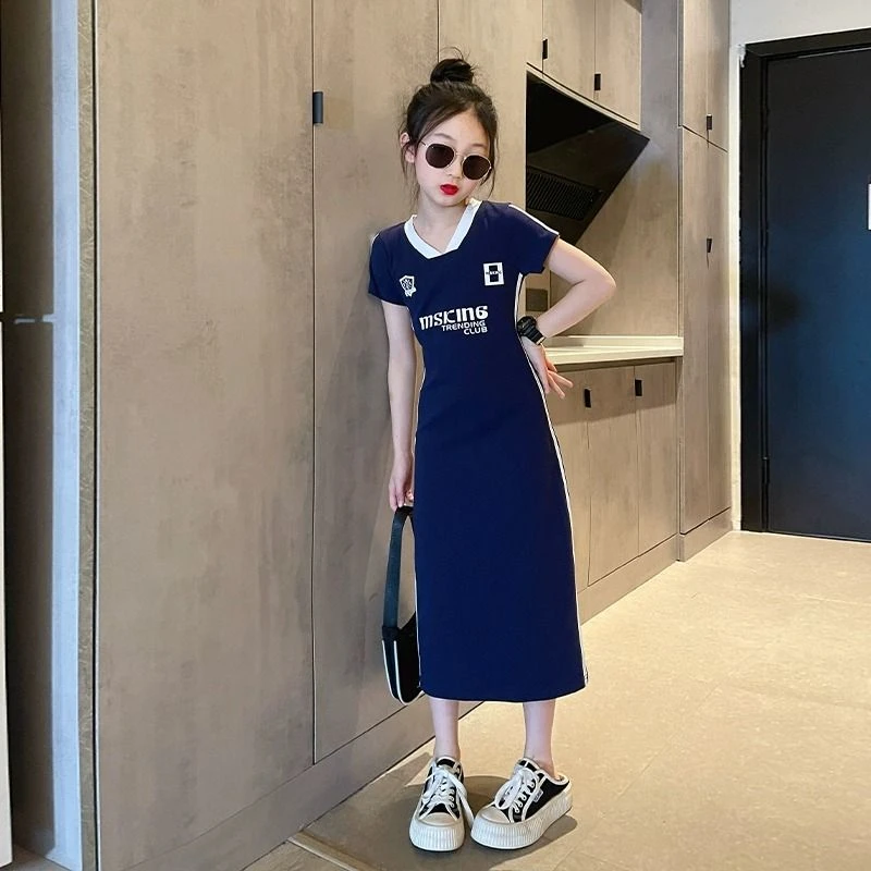 夏季女童连衣裙2025爆款中大童直筒裙韩版洋气学院风小女孩休闲裙