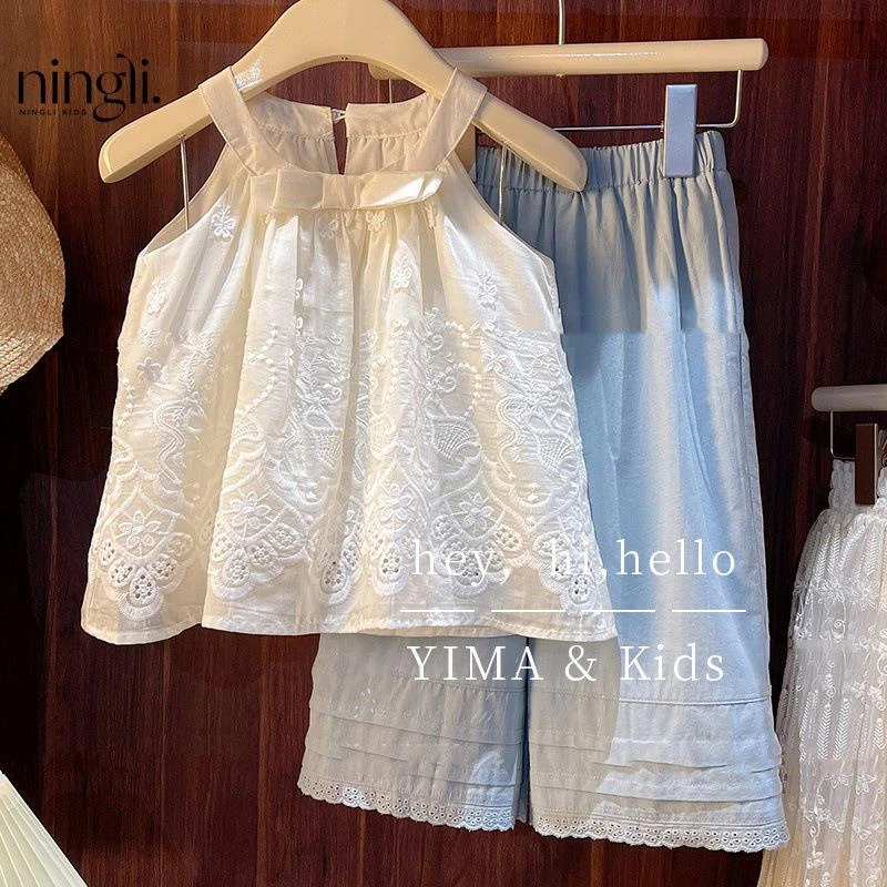 韩系童装女童时髦洋气套装夏款女孩挂脖吊带背心儿童阔腿裤两件套