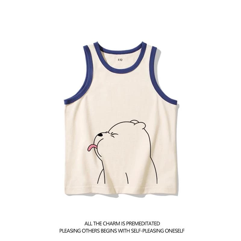 搞笑趣味吐舌头小熊儿童无袖t恤男童女童夏季纯棉背心女孩打底衫