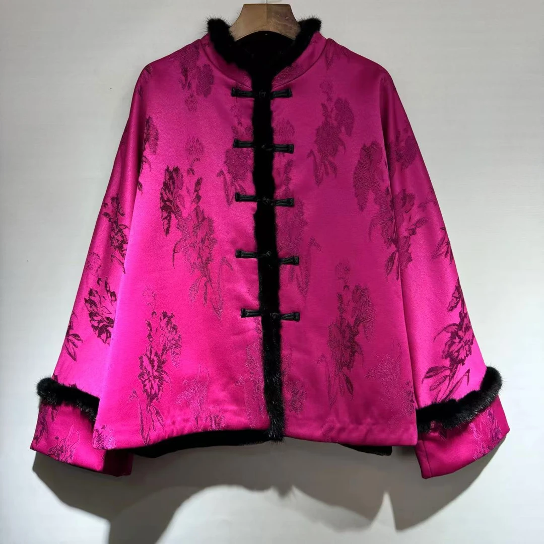 新中式重磅立领对襟长袖加绒外套中国风休闲上衣拼接