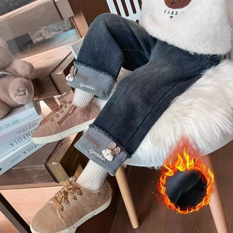 童装女童秋冬加绒牛仔裤2024新款儿童一体绒长裤宝宝洋气直筒裤潮