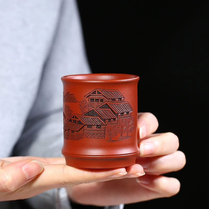 宜兴紫砂茶杯 忆江南家用大容量茶杯 主人杯  陶瓷刻字对杯竹节杯