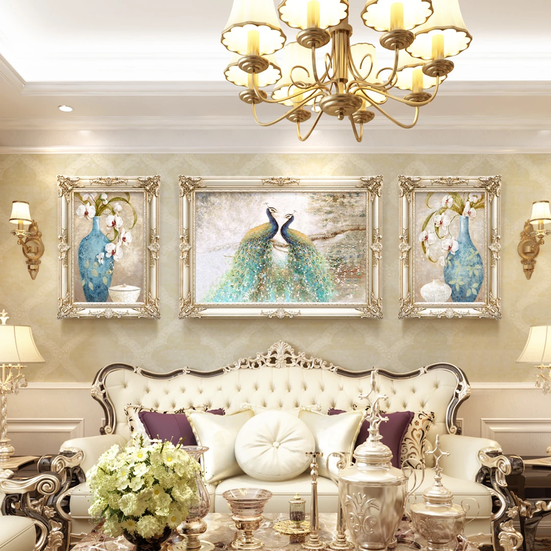 客厅三联组合装饰画简欧沙发背景墙壁画欧式孔雀油画动物美式挂画