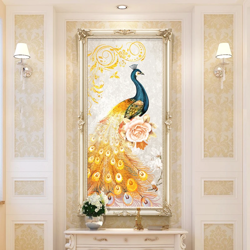 璇美孔雀装饰画玄关竖版玄幻进门挂画壁画简欧走廊楼梯间欧式油画