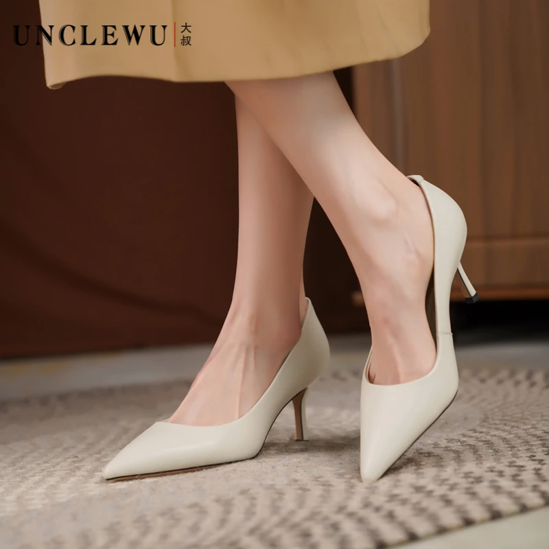 【吴大叔】春季新款真皮女鞋通勤尖头百搭时尚气质高跟单鞋透气