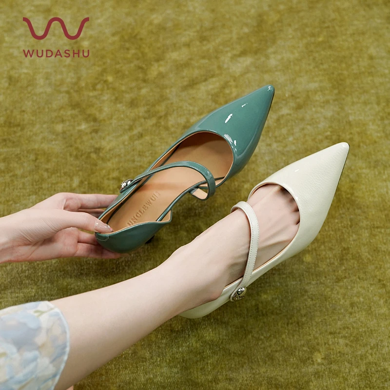 吴大叔尖头粗跟漆皮单鞋女气质名媛职业高级百搭显瘦高跟鞋