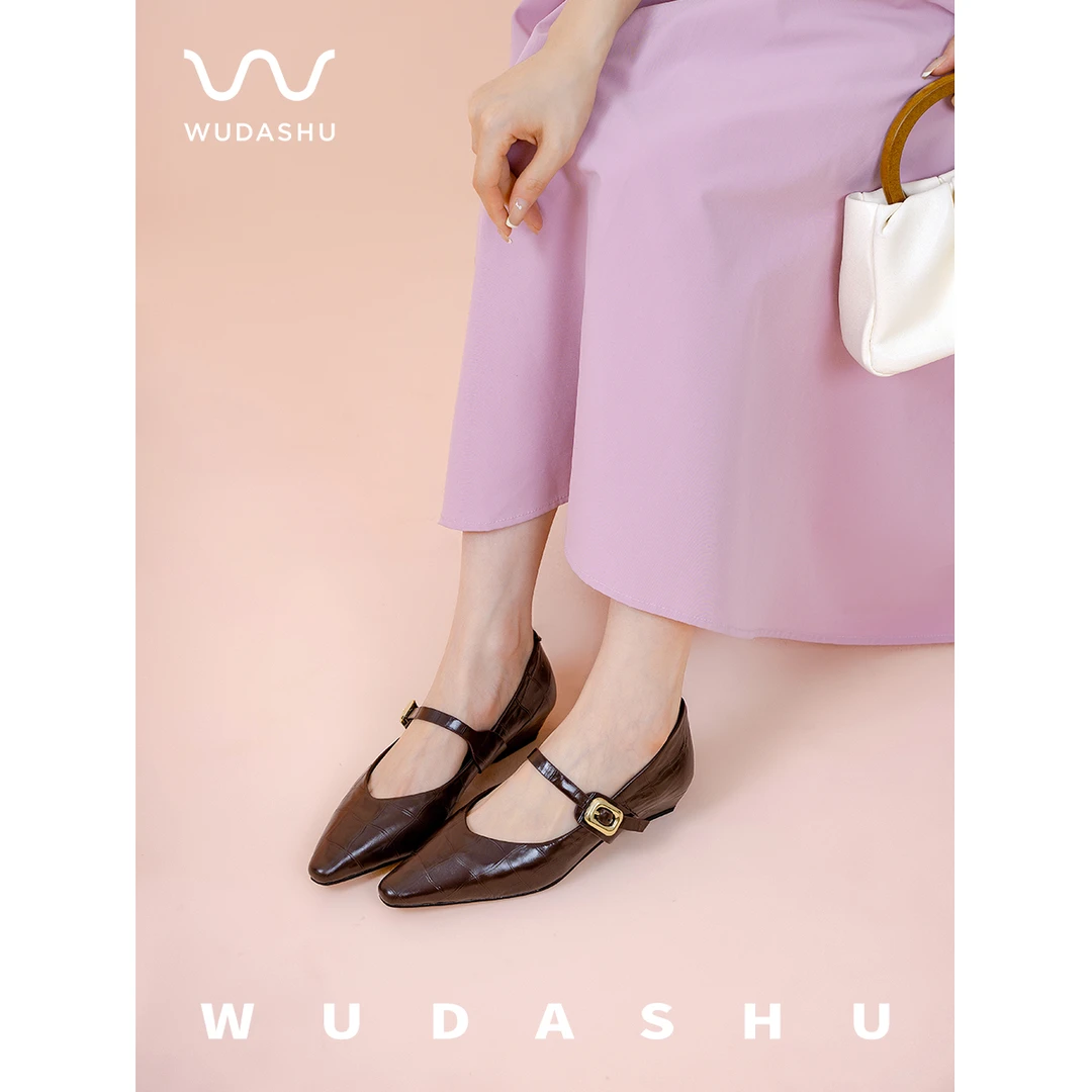 穿高跟鞋的吴大叔法式一字带圆尖头浅口低跟时尚百搭单鞋63-188