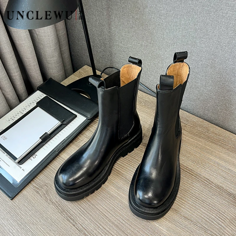 不被定义的她【吴大叔】秋冬百搭短靴真皮厚底增高烟筒靴圆头平底