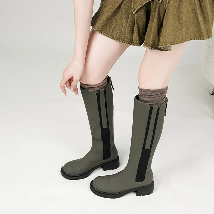 吴大叔【内购】秋季新款圆头时尚长靴真皮粗跟骑士靴百搭长筒气质靴