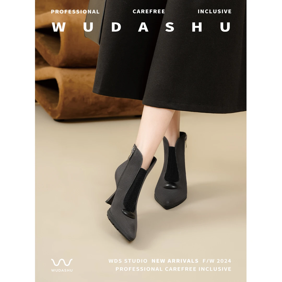 穿高跟鞋的吴大叔秋冬法式复古羊皮尖头高跟及裸靴女通勤细跟短靴