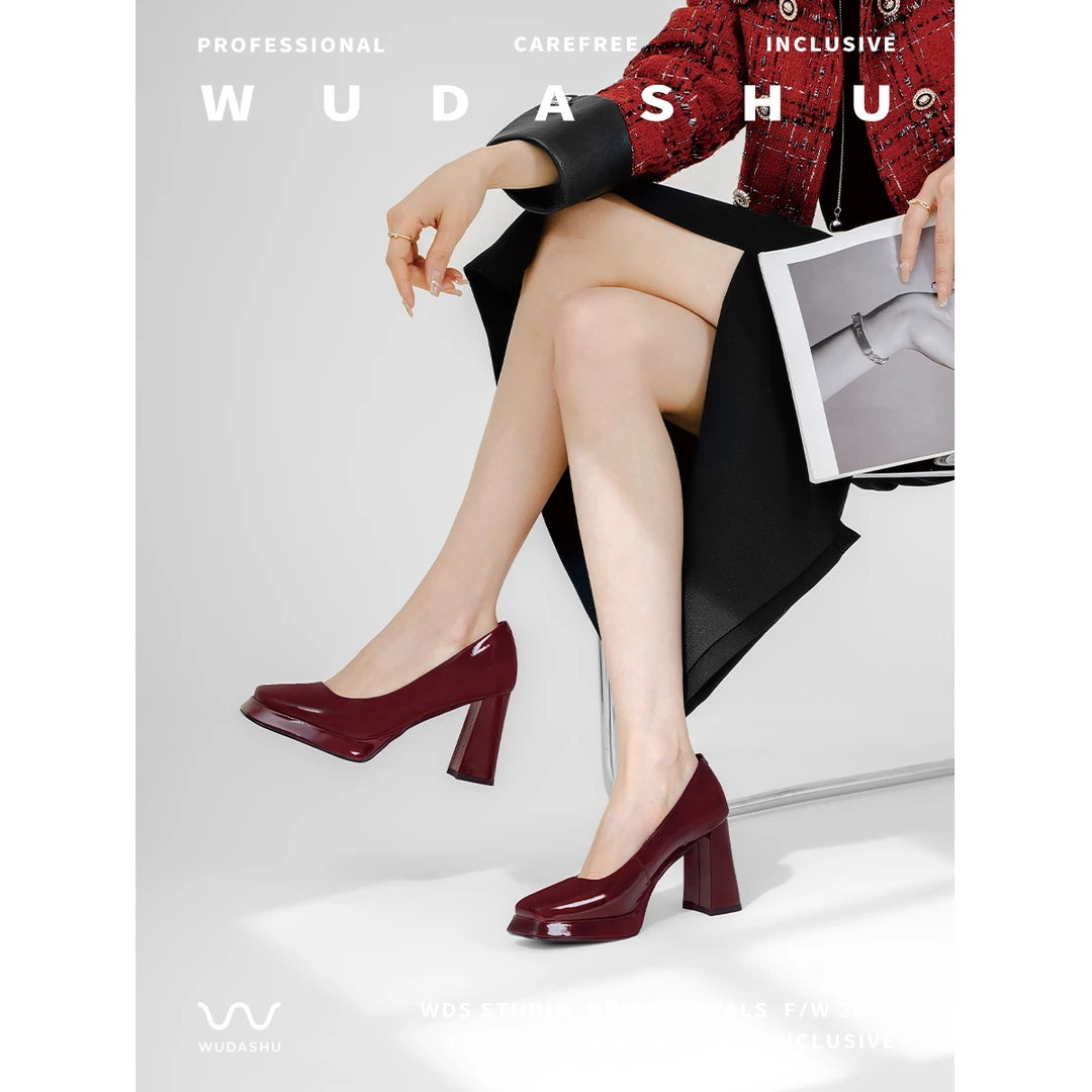 吴大叔新款法式粗跟漆皮气质真皮百搭复古酒红色防水台玛丽珍单鞋