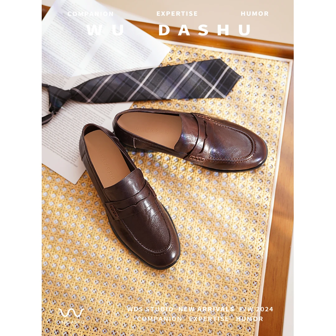 吴大叔【达文特旋律】2024年新款真皮复古圆头乐福鞋春秋百搭休闲鞋