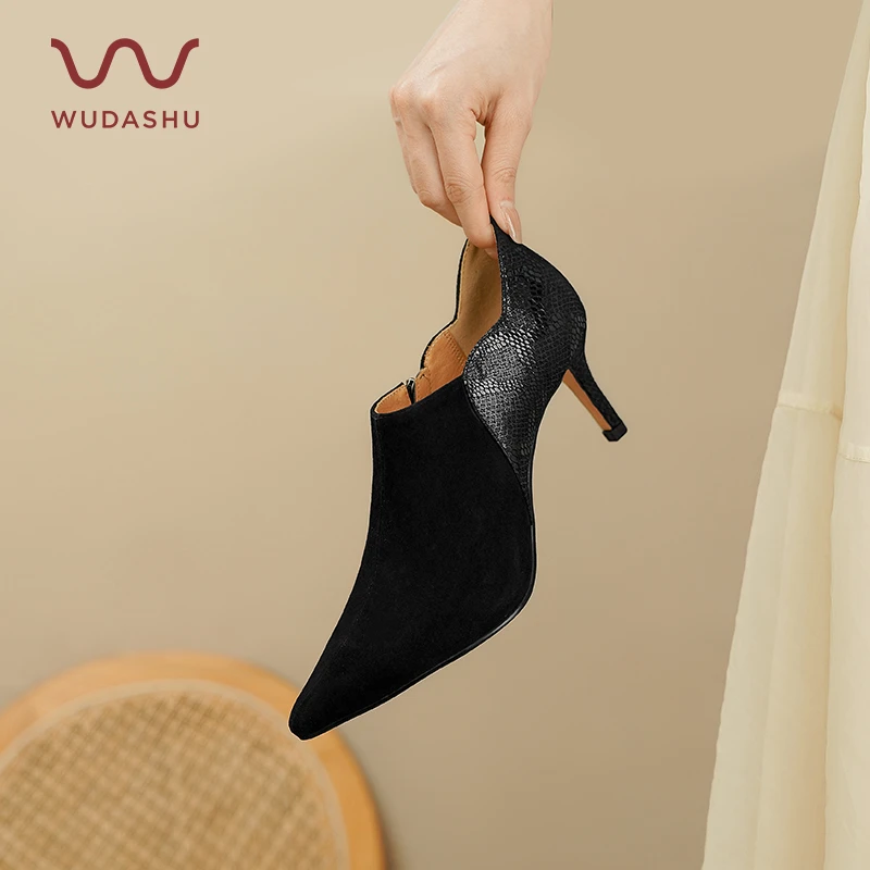 【吴大叔】秋冬时尚细跟气质尖头女靴法式黑色短靴不累脚显瘦13-362