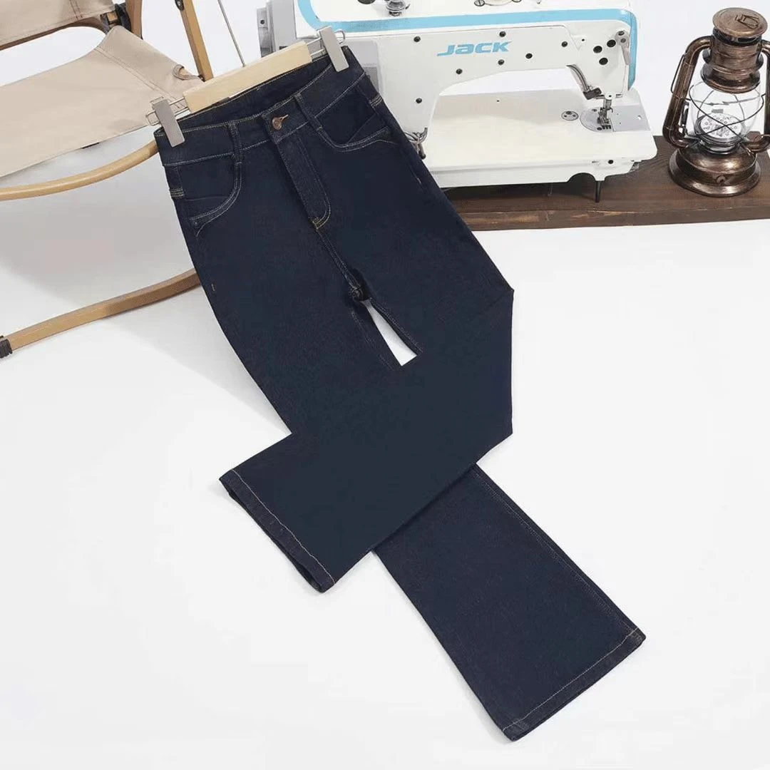 奋斗牛潮流服饰冬季加绒安吉拉红丹宁蓝四面弹修身弹力微喇牛仔裤