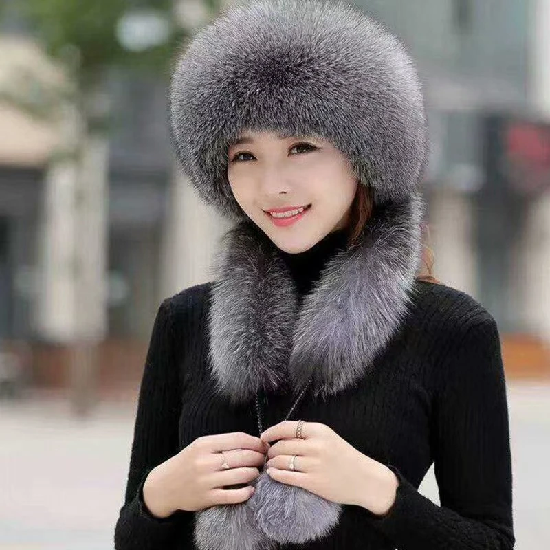 帽子女冬季新款仿狐狸毛帽子围巾雷锋帽俄罗斯风雪帽圆顶蒙古帽子