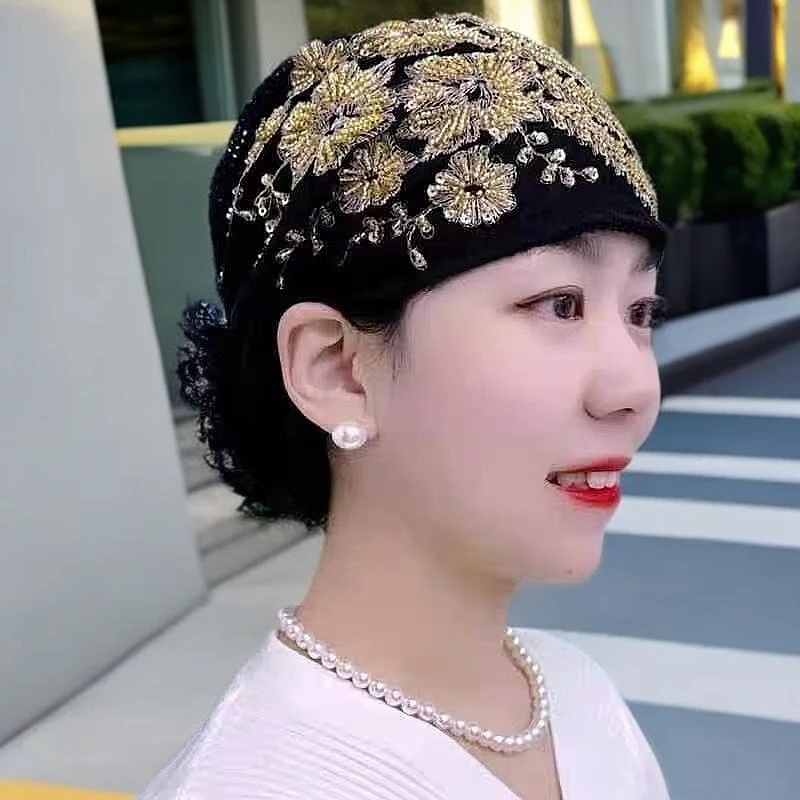 凤尾花盘花中老年帽妈妈时尚头巾束发帽遮白发百搭蕾丝包头帽女