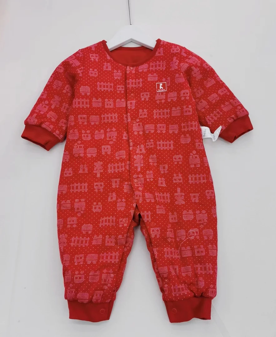 TT剪标婴幼儿红色保暖棉连体喜庆大红吉祥薄棉连身衣哈衣