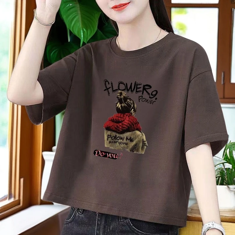 小个子宽松纯棉短袖t恤女士2024夏季百搭洋气显瘦短款体恤衫上衣