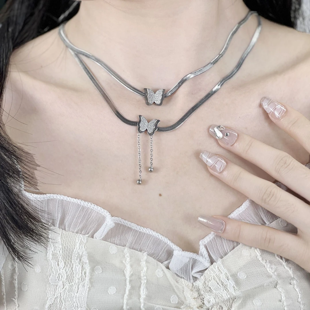 钛钢项链 不掉色钛钢磨砂蝴蝶INS风轻奢锁骨项链百搭项链