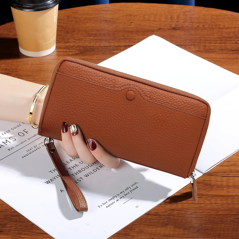 时尚简约大容量多口袋真皮长款拉链钱包实用轻便手拎手机包多卡位