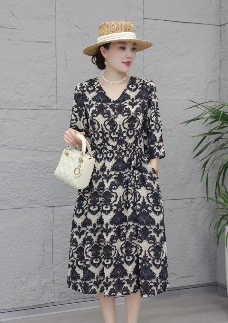 浮雕花T3265气质时尚休闲女士夏季印花连衣裙女装气质时尚洋气