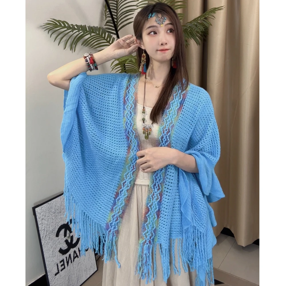 2025新款披肩女镂空彩条荷叶边外搭针织衫旅游拍照民族风披风斗篷