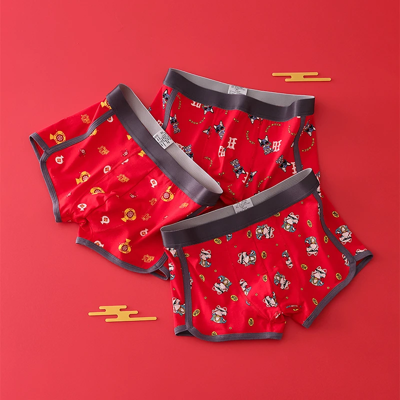 礼盒装大红色男士内裤男棉质宽松个性潮流透气印花平角四角裤男生