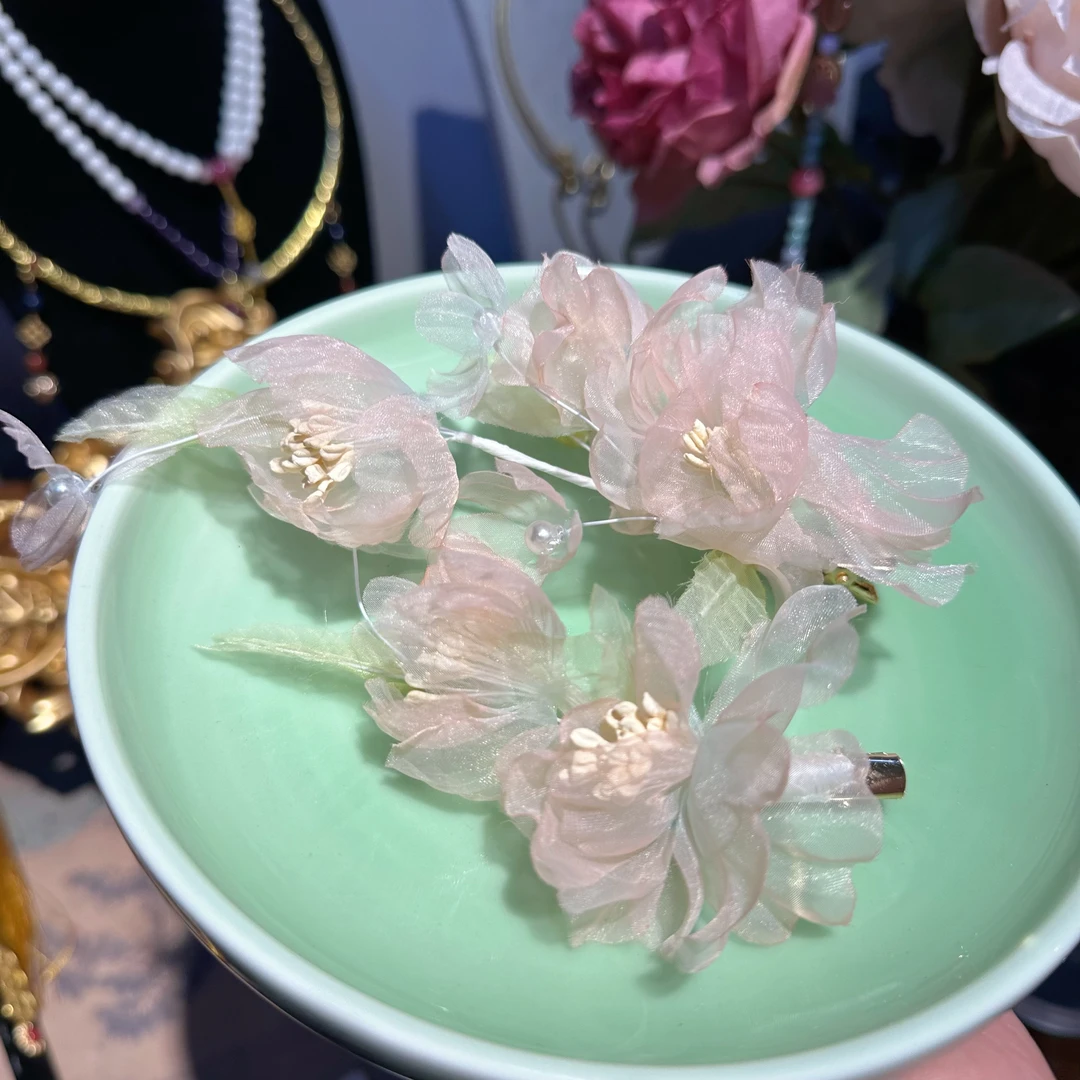 时春居汉服古风头饰配饰烫花绢花发夹