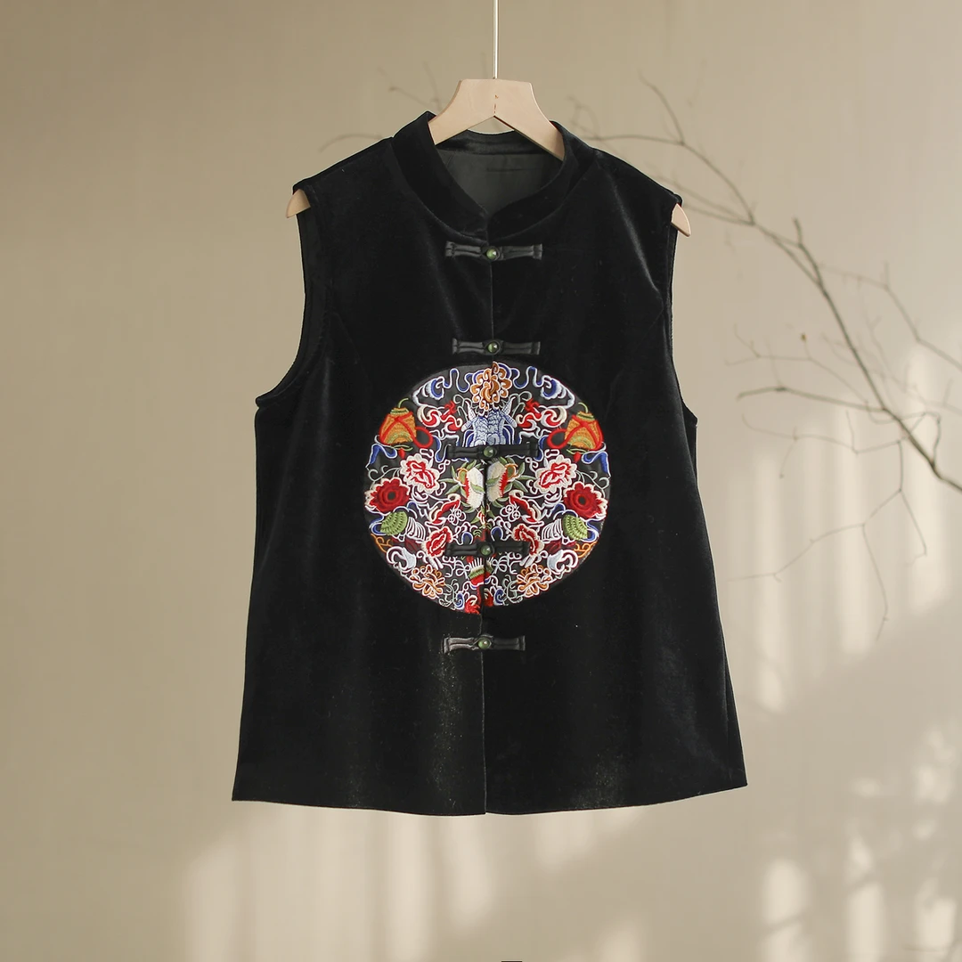 锦墨居【花好月圆】复古重工中国风刺绣金丝绒马甲中式民族风百搭