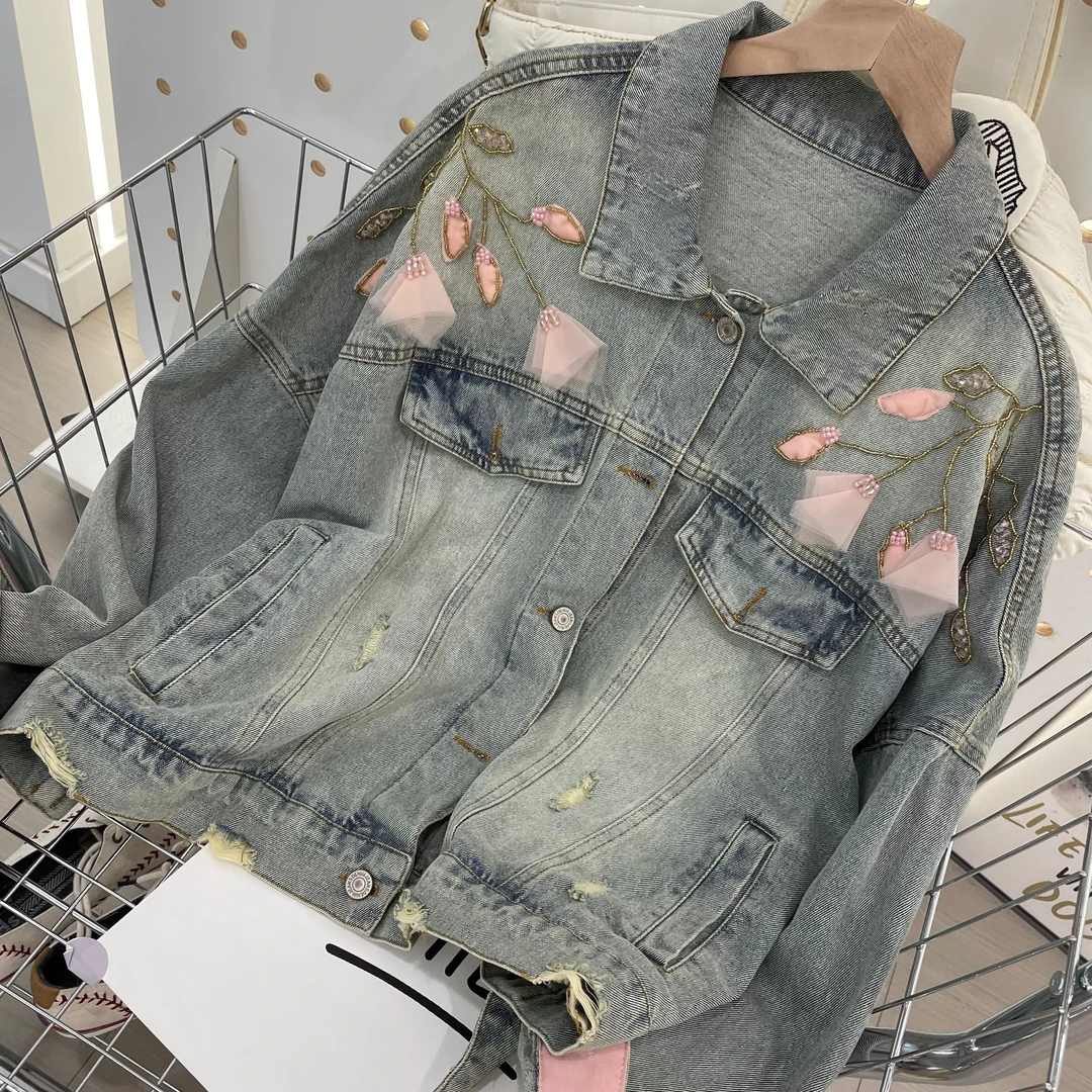 CQ-24071302重工串珠花朵宽松牛仔外套